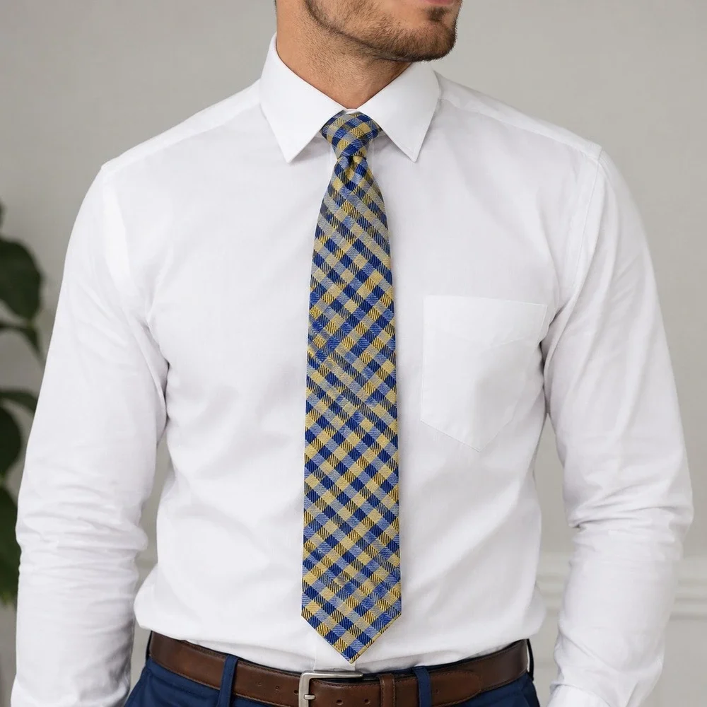 Haines & Bonner‎ London Silk Tie Yellow Blue Gingham Check Handmade Mens